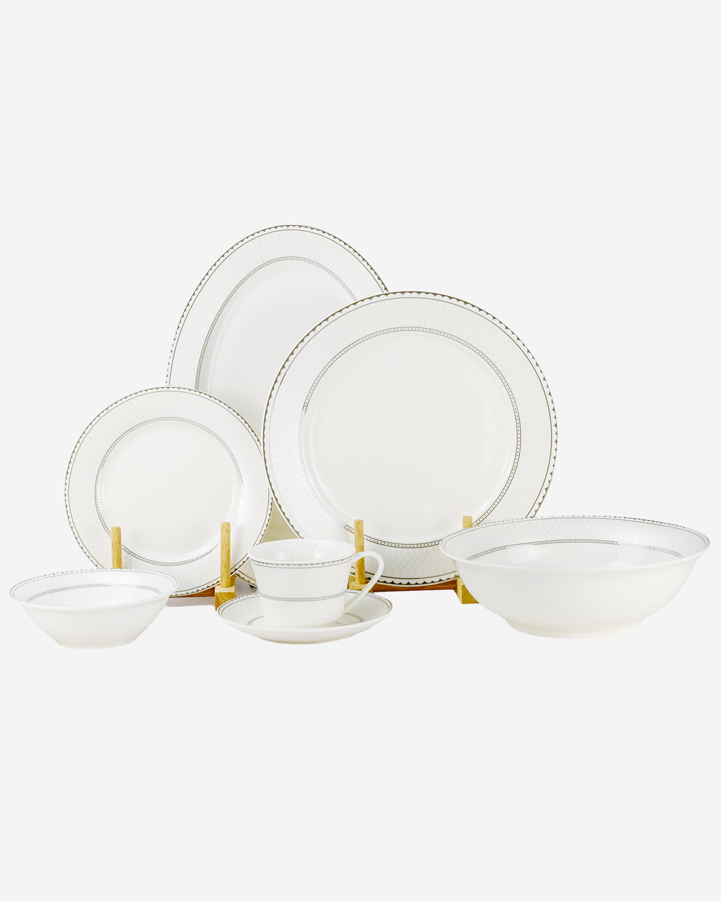 Shallow JUNA Dinner Set 32 pcs White Geometric Design with Serving Pieces