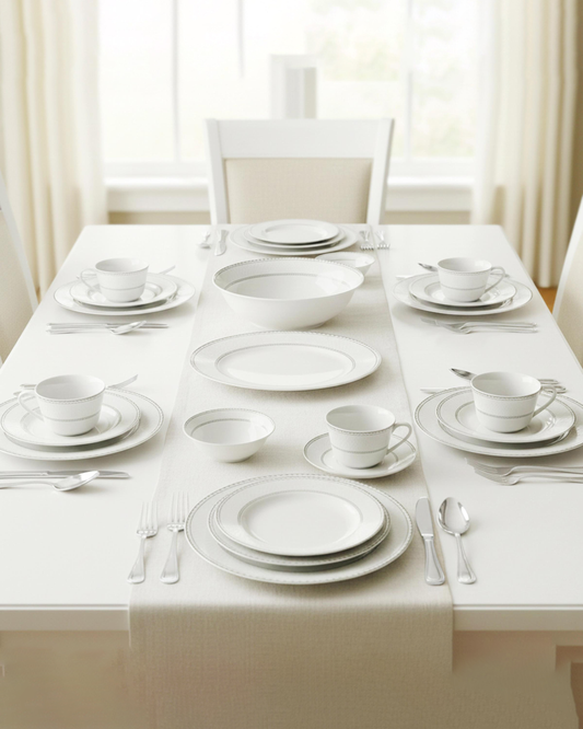 Shallow JUNA Dinner Set 32 pcs White Geometric Design with Serving Pieces