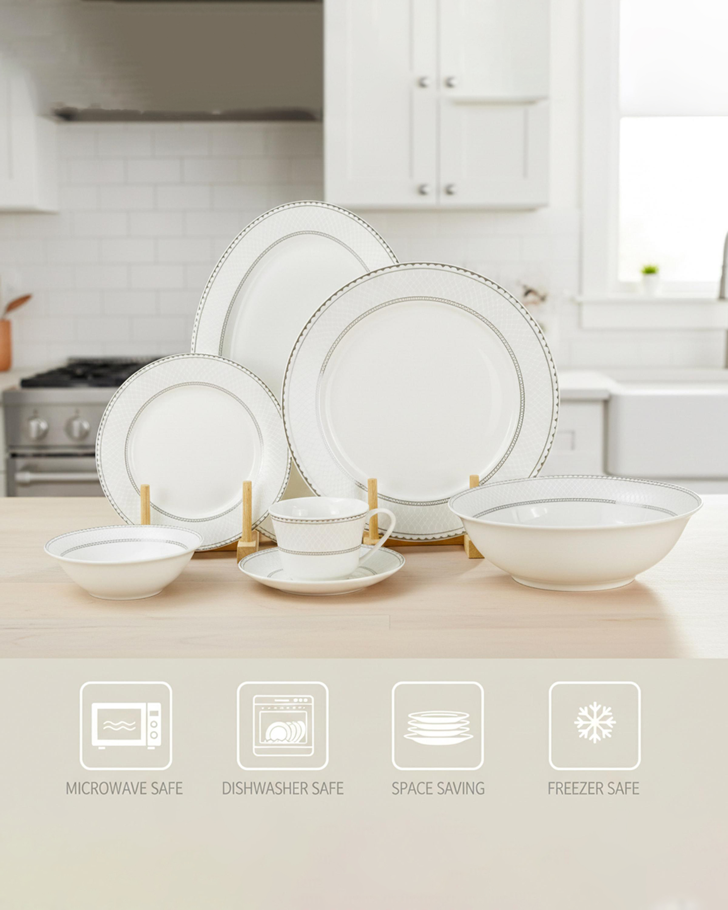 Shallow JUNA Dinner Set 32 pcs White Geometric Design with Serving Pieces
