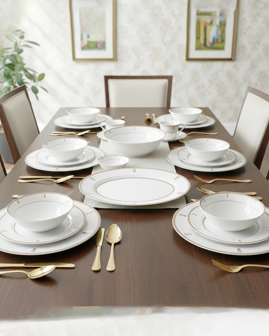 Shallow ZAYA Dinner Set 32 pcs White Ornamental Design with Gold Rim