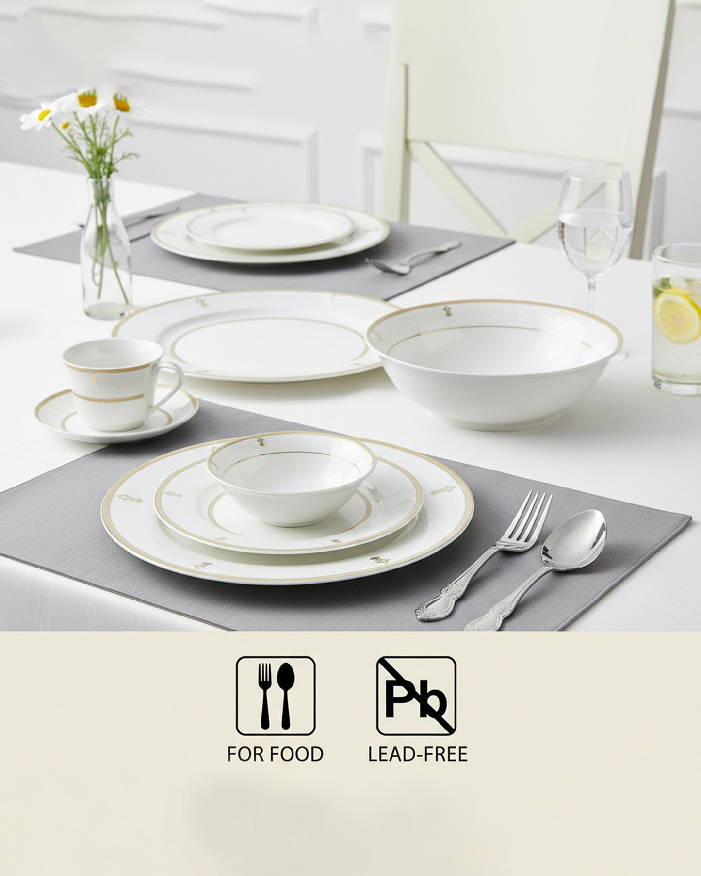 Shallow ZAYA Dinner Set 32 pcs White Ornamental Design with Gold Rim