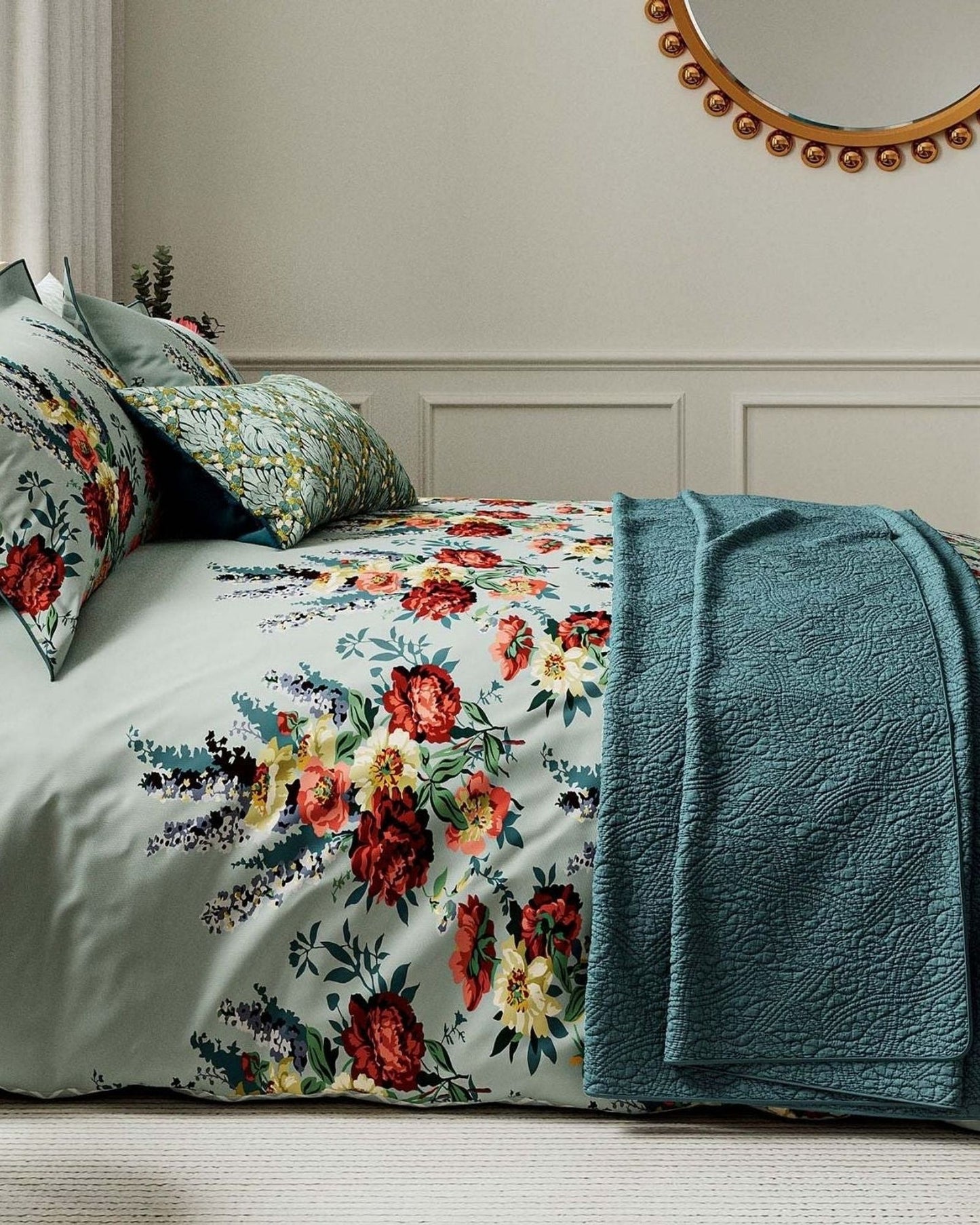V & A "Botanical Harmony" Duvet Cover Set in Soft Teal