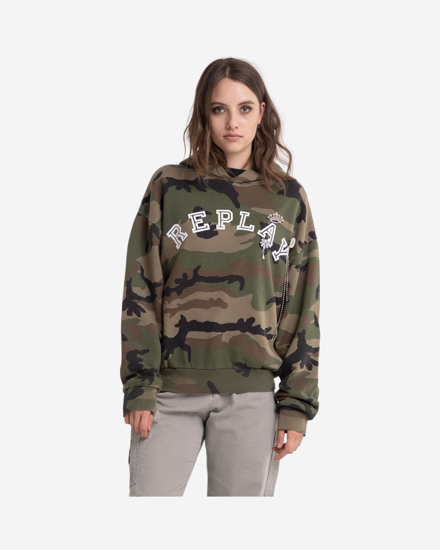 Camouflage Sweatshirt With Jewel Brooches