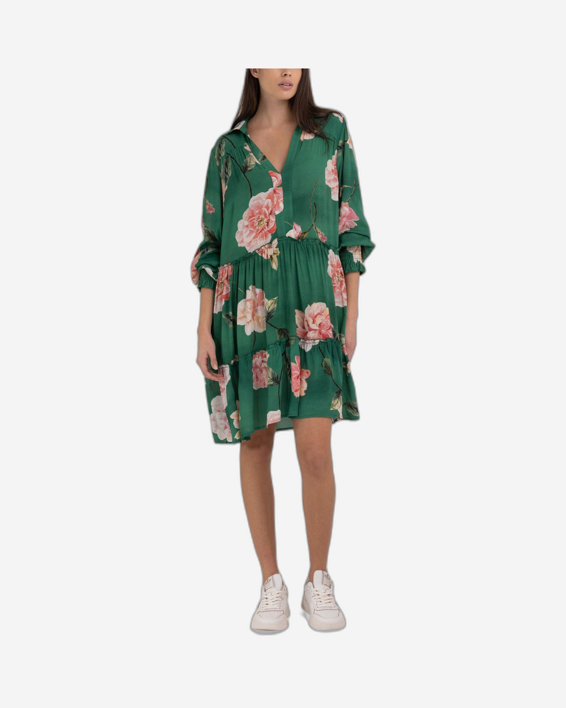 FRILLED SHIRT-DRESS WITH PEONIES PRINT