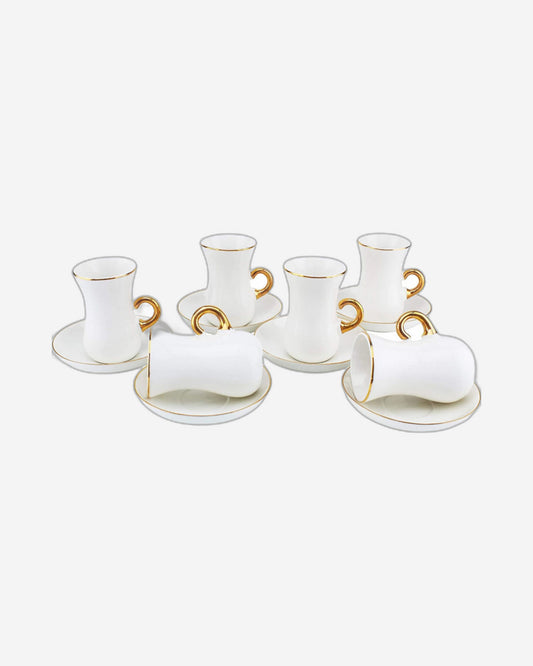 Shallow Bone China Cup and Saucer Set, 12 Pieces, Beige and Gold, Elegant Tea and Coffee Cups for Special Occasions