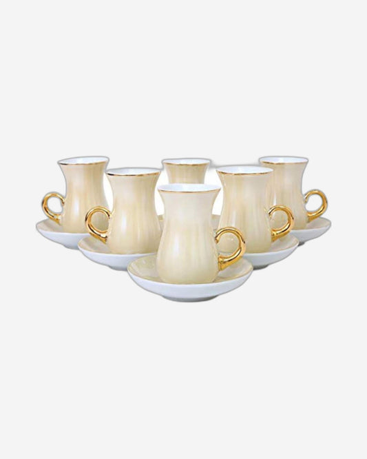 Shallow Bone China Istikan Cups and Saucers Set, Beige/Gold, 12 Pieces, Elegant Tea Set for 6 People