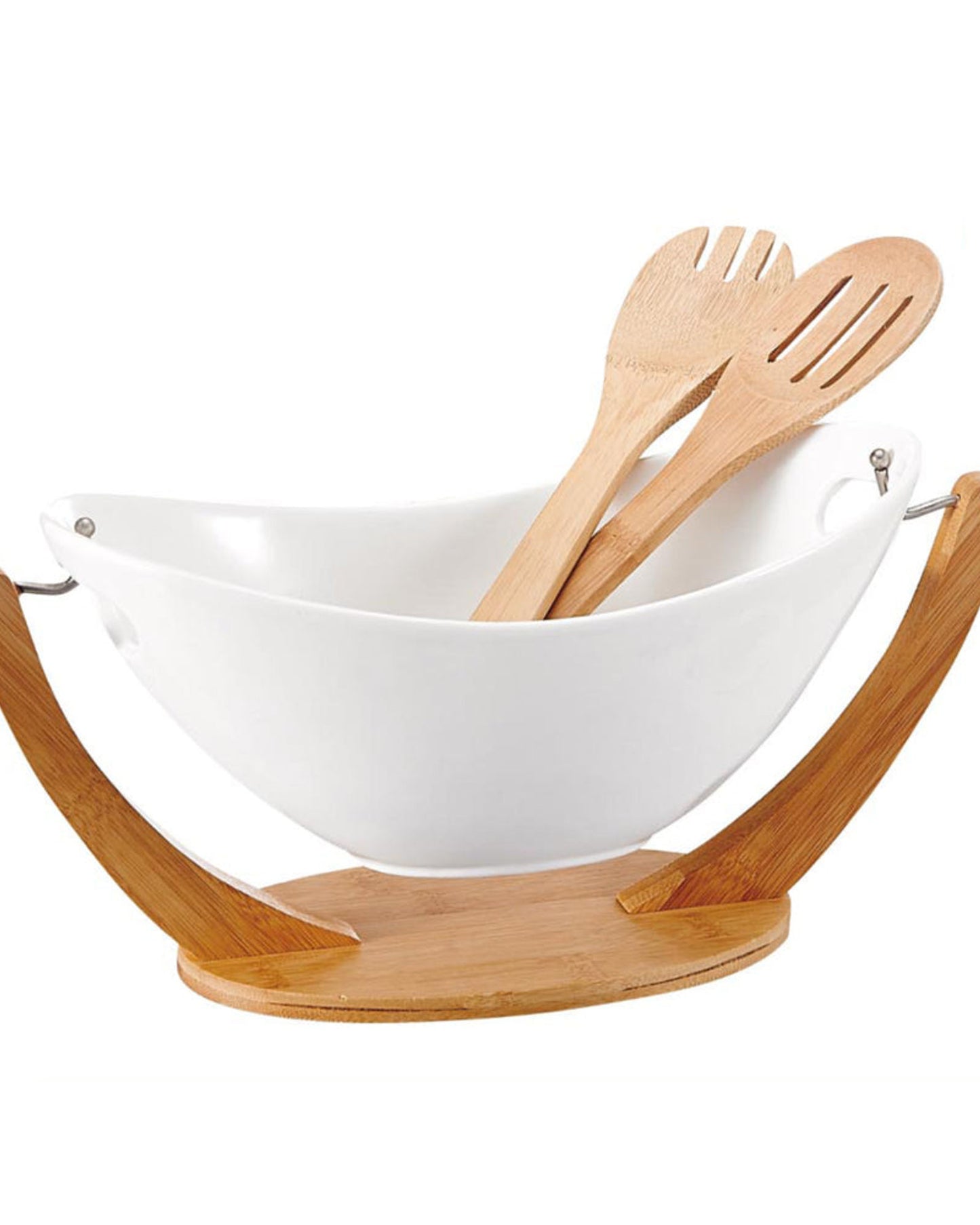 Shallow Salad Bowl with 2 Spoons & Bamboo Hanging Stand, Elegant Wooden Stand for Serving Salad, Fruit, and More