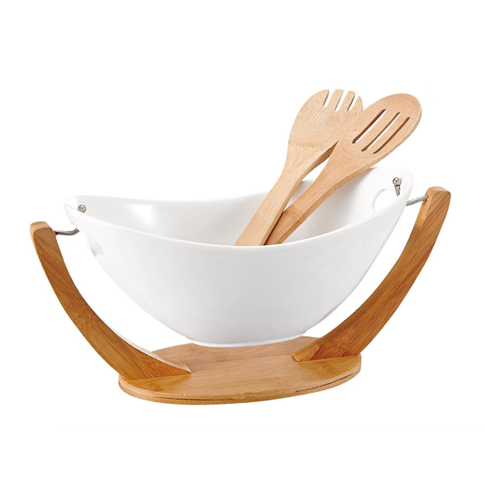 Shallow Salad Bowl with 2 Spoons & Bamboo Hanging Stand, Elegant Wooden Stand for Serving Salad, Fruit, and More