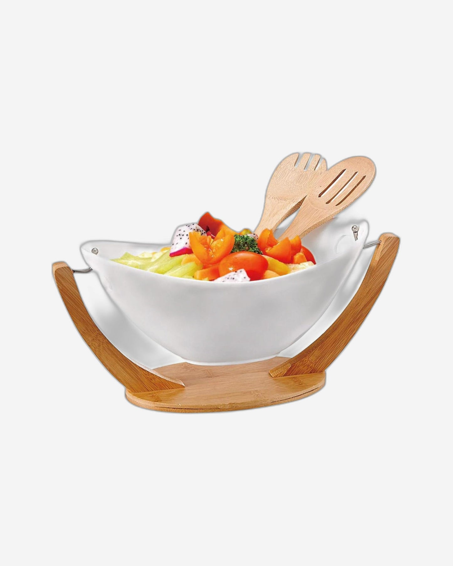 Shallow Salad Bowl with 2 Spoons & Bamboo Hanging Stand, Elegant Wooden Stand for Serving Salad, Fruit, and More