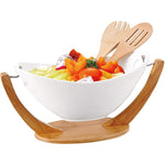 Shallow Salad Bowl with 2 Spoons & Bamboo Hanging Stand, Elegant Wooden Stand for Serving Salad, Fruit, and More