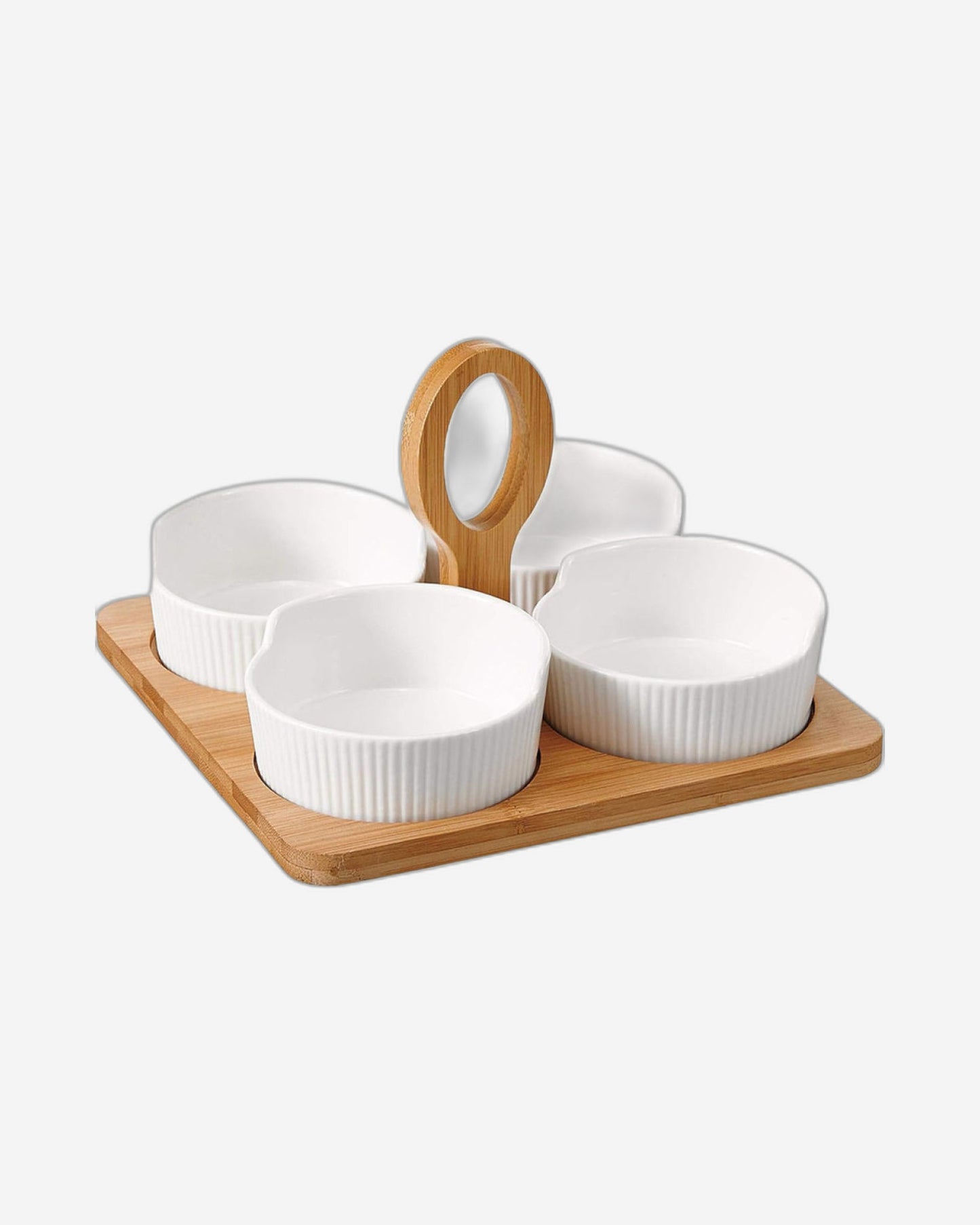 Shallow Porcelain 4 Pieces Boat Dish Set with Bamboo Base & Handle, Elegant Serving Dishes for Appetizers, Snacks, and More