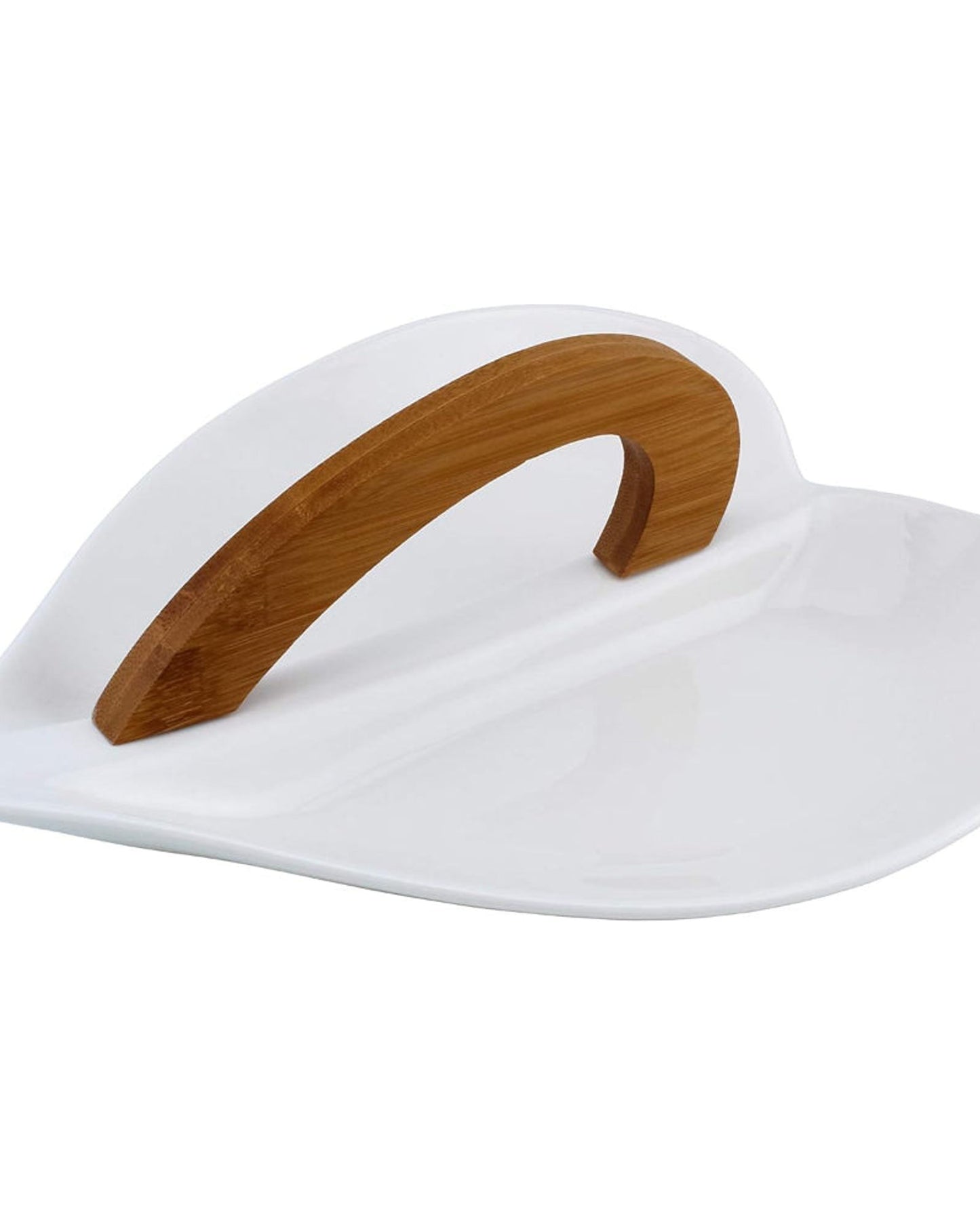 Shallow Serving Plate Heart Shape with Bamboo Handle, 26 cm, Elegant Plate for Snacks, Appetizers, and Desserts