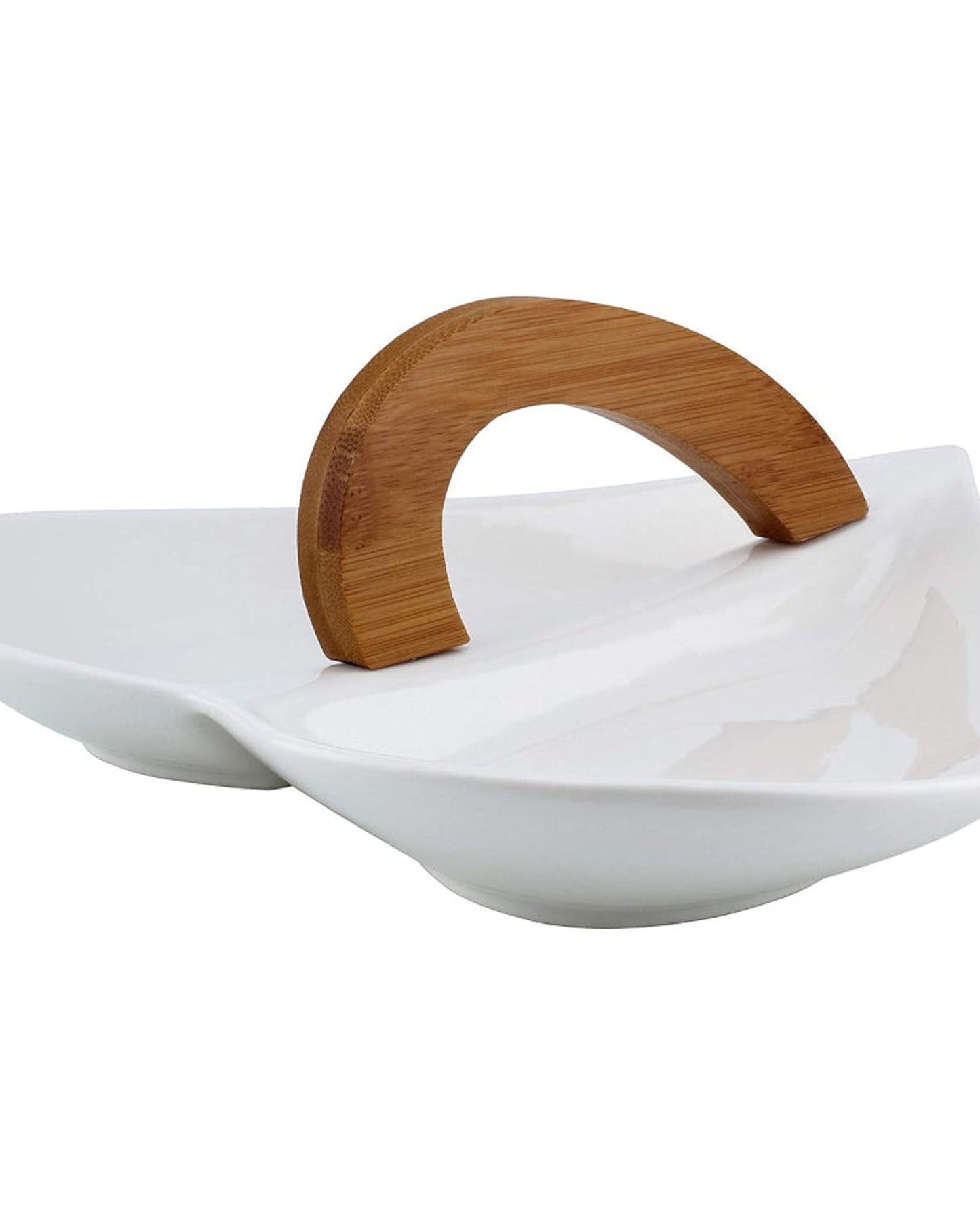 Shallow Serving Plate Heart Shape with Bamboo Handle, 26 cm, Elegant Plate for Snacks, Appetizers, and Desserts