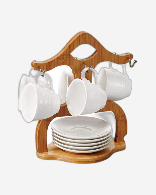 Shallow Porcelain Coffee Set with Bamboo Stand, 90ml, Elegant Coffee Cups and Saucer Set for Espresso, Tea, and More