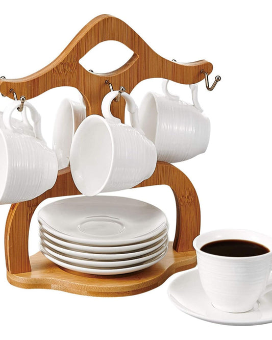 Shallow Porcelain Coffee Set with Bamboo Stand, 90ml, Elegant Coffee Cups and Saucer Set for Espresso, Tea, and More