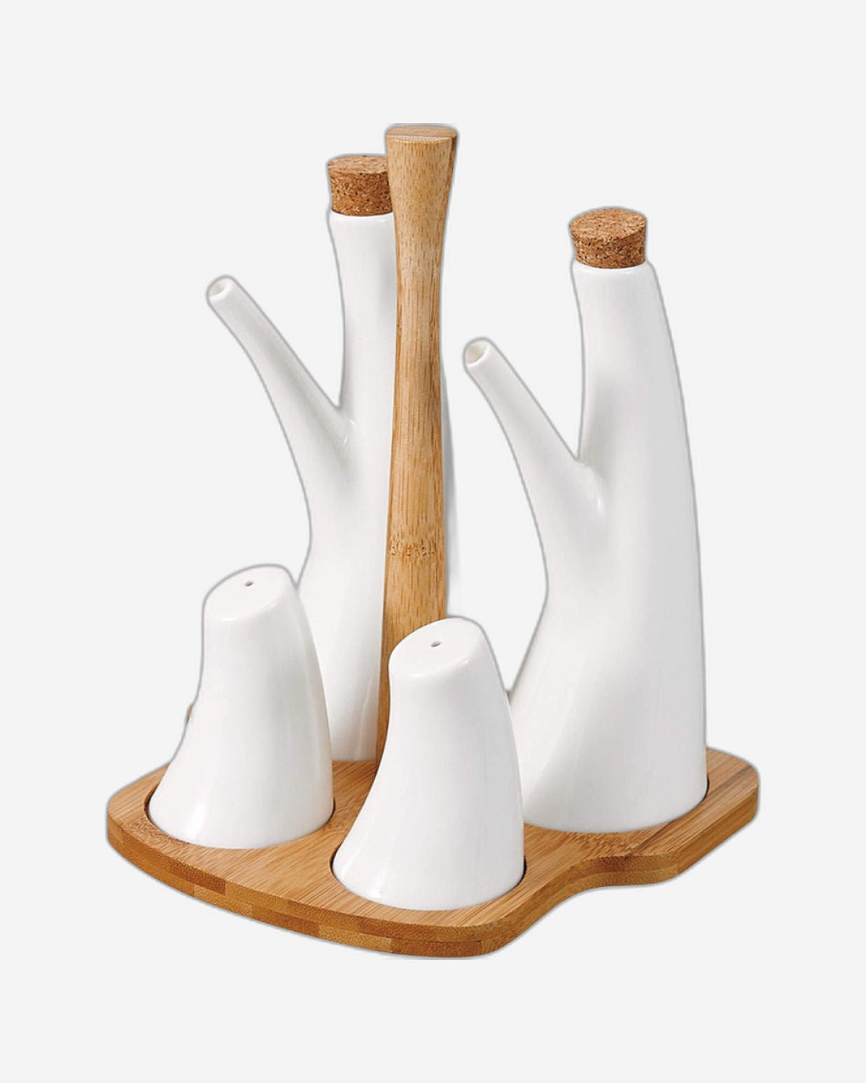 Shallow 4-Piece Porcelain Condiments Set with Bamboo Base, 19 cm, Elegant Spice & Sauce Containers for Kitchen or Dining Table