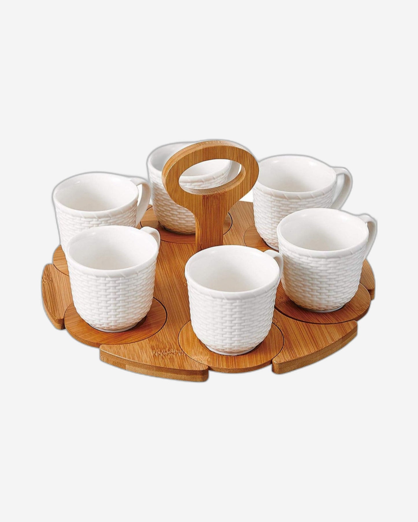 Shallow Tea Set with 6 Porcelain Cups, Bamboo Saucers & Stand, 180ml, Elegant Tea Set for Serving, Tea Parties & More