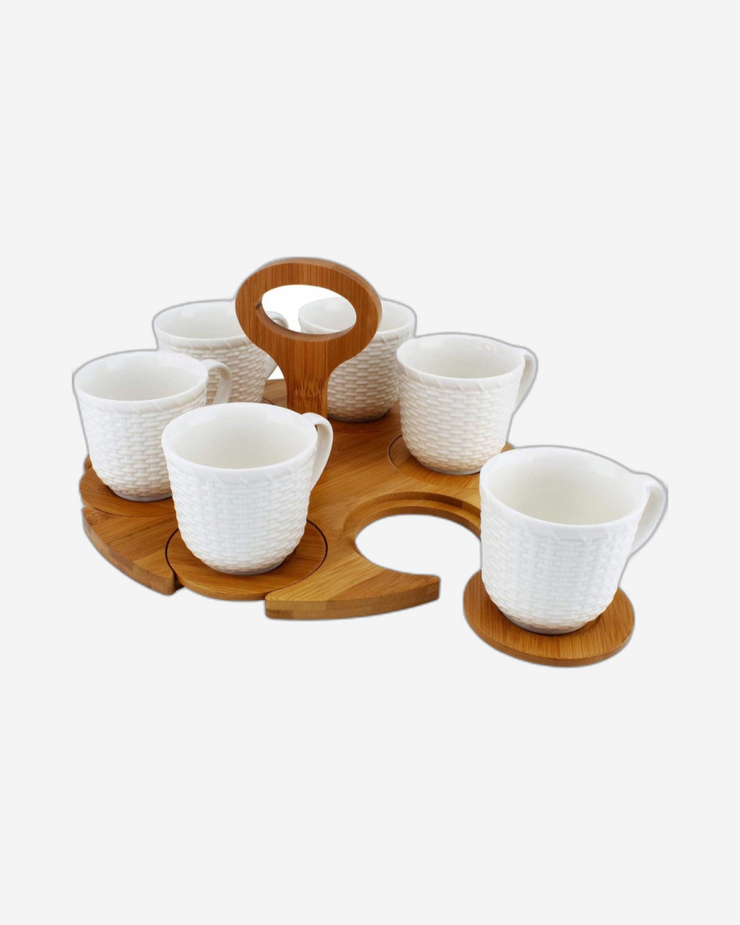 Shallow Tea Set with 6 Porcelain Cups, Bamboo Saucers & Stand, 180ml, Elegant Tea Set for Serving, Tea Parties & More
