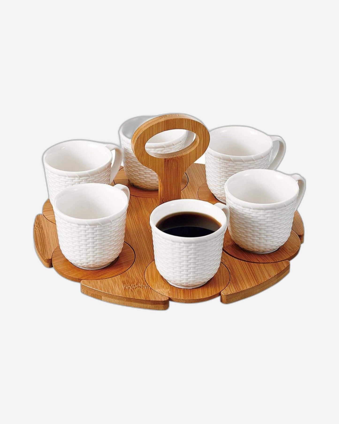 Shallow Tea Set with 6 Porcelain Cups, Bamboo Saucers & Stand, 180ml, Elegant Tea Set for Serving, Tea Parties & More