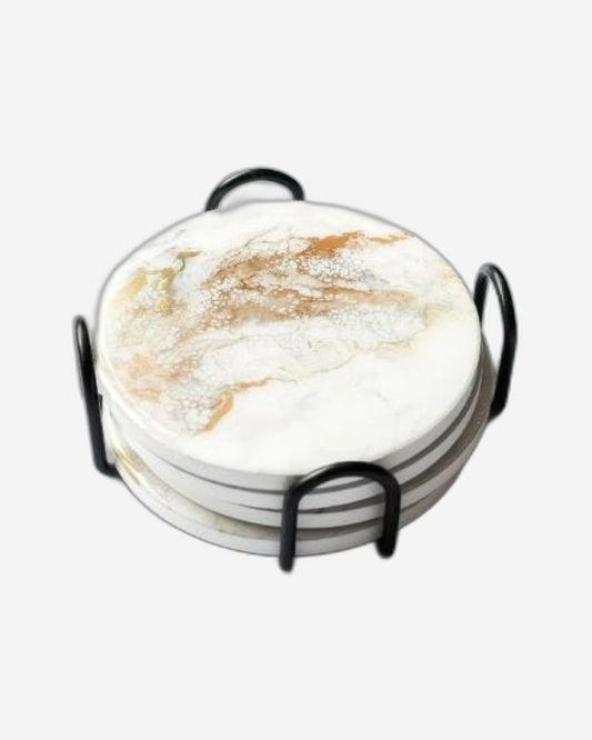 Lynn & Liana 4 Piece Printed Ceramic Coaster Set With Stand - Gold