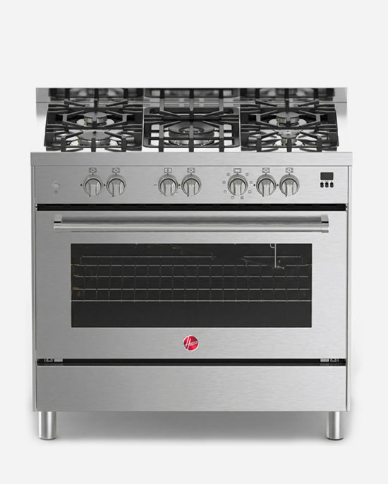 طباخ غاز كامل من هوفر 90×60 مع 5 شعلات غاز (1 ووك)، أمان كامل، فرن غاز وشواية، إشعال ذاتي، دعامة من الحديد الزهر، مروحة تبريد وحمل حراري، باب زجاجي ثلاثي الطبقات، ستانلس ستيل - HGC-G95G-PS