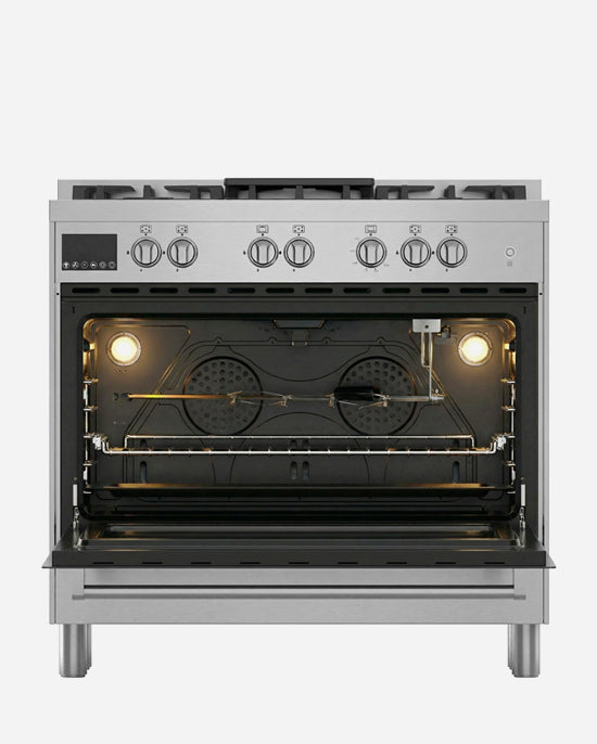 طباخ غاز كامل من هوفر 90×60 مع 5 شعلات غاز (1 ووك)، أمان كامل، فرن غاز وشواية، إشعال ذاتي، دعامة من الحديد الزهر، مروحة تبريد وحمل حراري، باب زجاجي ثلاثي الطبقات، ستانلس ستيل - HGC-G95G-PS