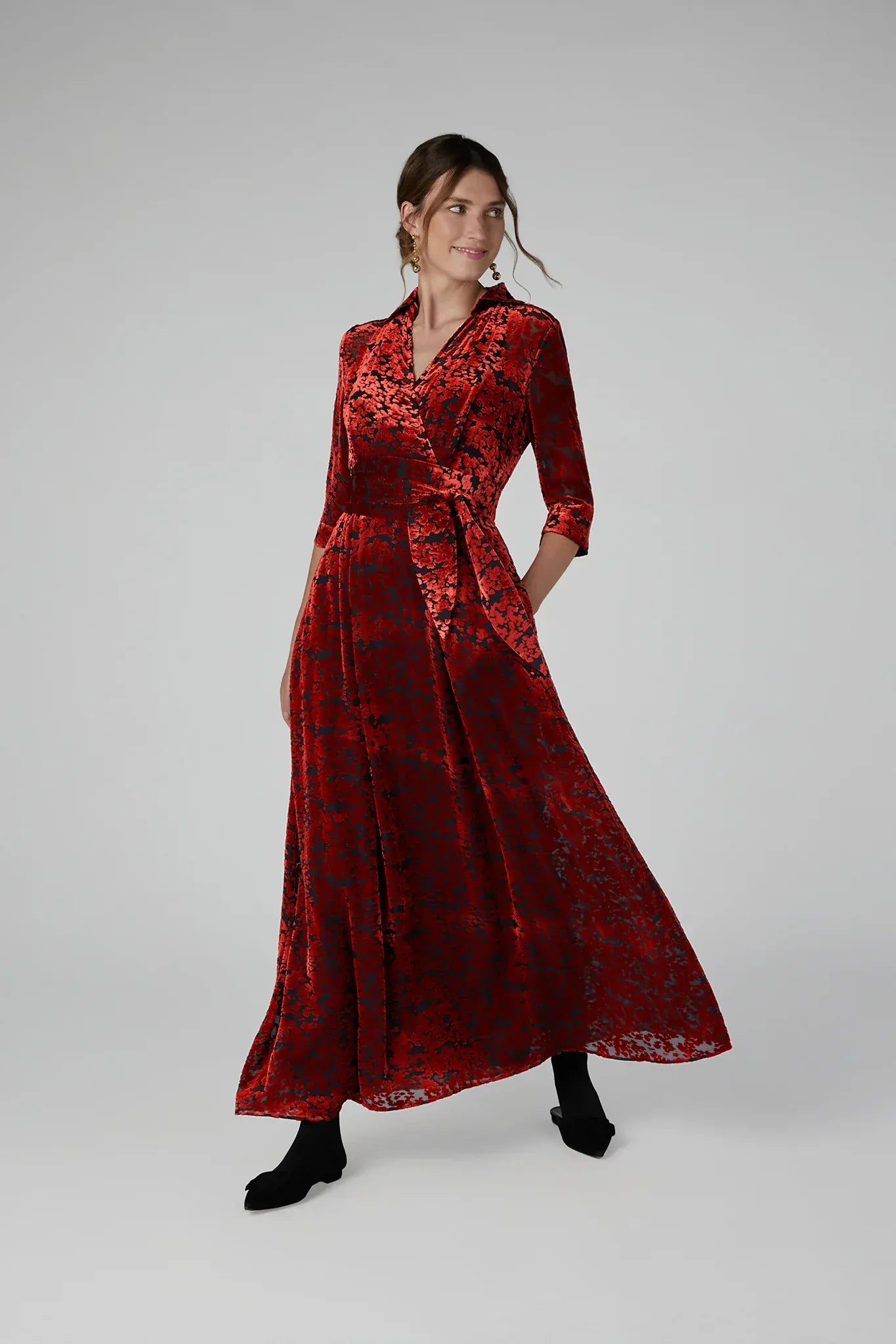 Iris Velvet Devoré Wrap Dress in Red