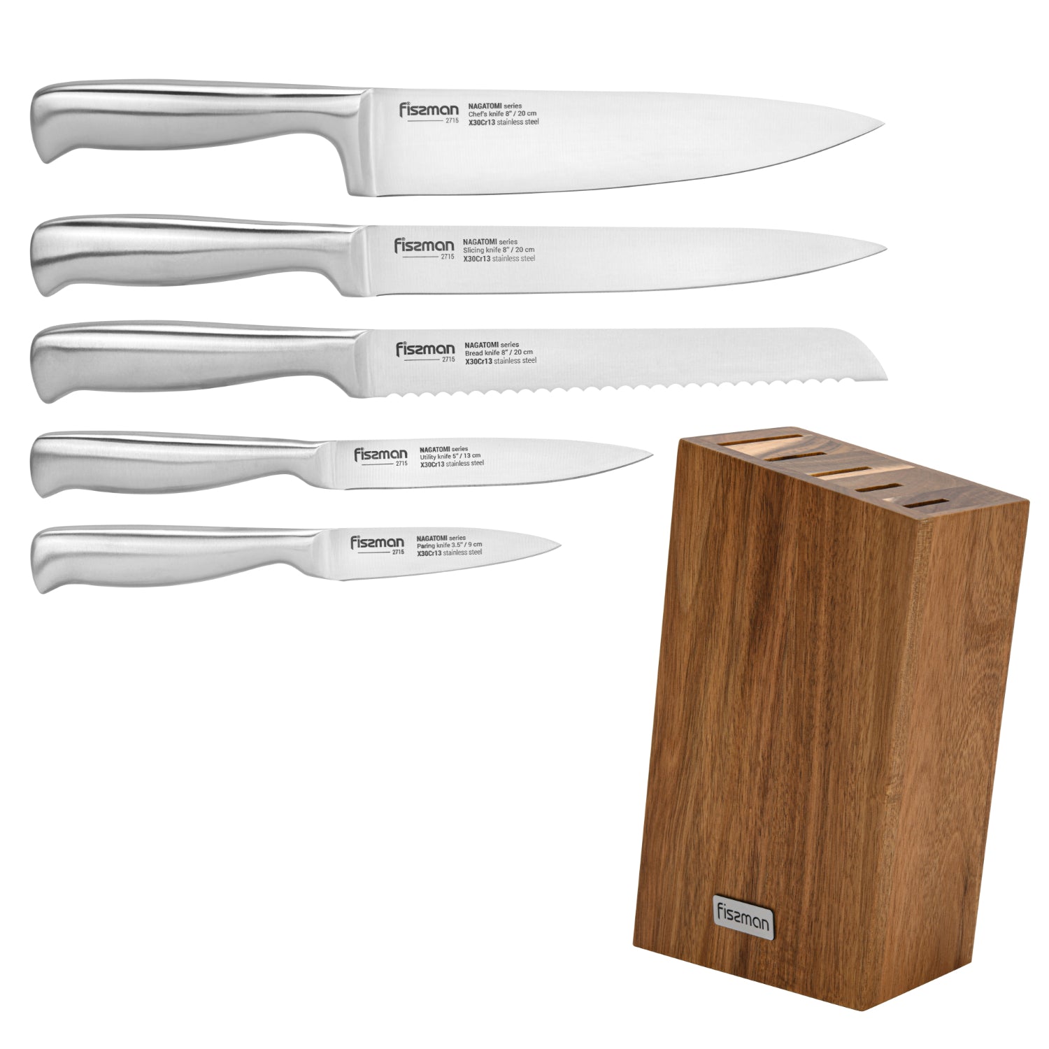 Fissman 6 Piece Knife Set Nagatomi with Acacia Wooden Block X30Cr13 Steel, Chef Knife 20cm, Slicing Knife 20cm, Bread Knife 20cm, Utility Knife 13cm, Pairing Knife 9cm, Complete Set with Stand