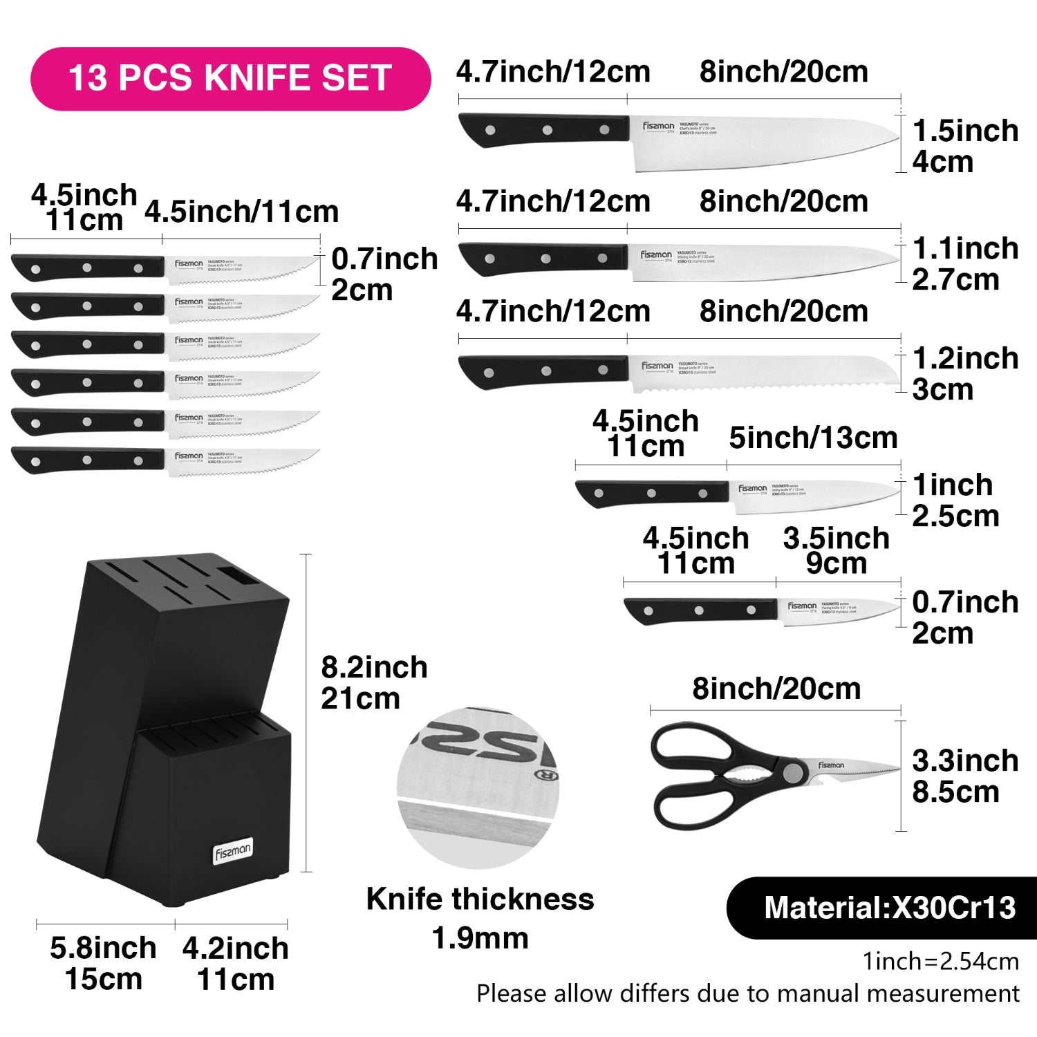 Fissman 13 Piece Knife Set Yasumoto with Wooden Block Chef Knife 20cm, Slicing Knife 20cm,Bread Knife 20cm,Utility Knife 13cm,Pairing Knife 9cm, Steak Knife,MultiFunctional Scissor 20cm