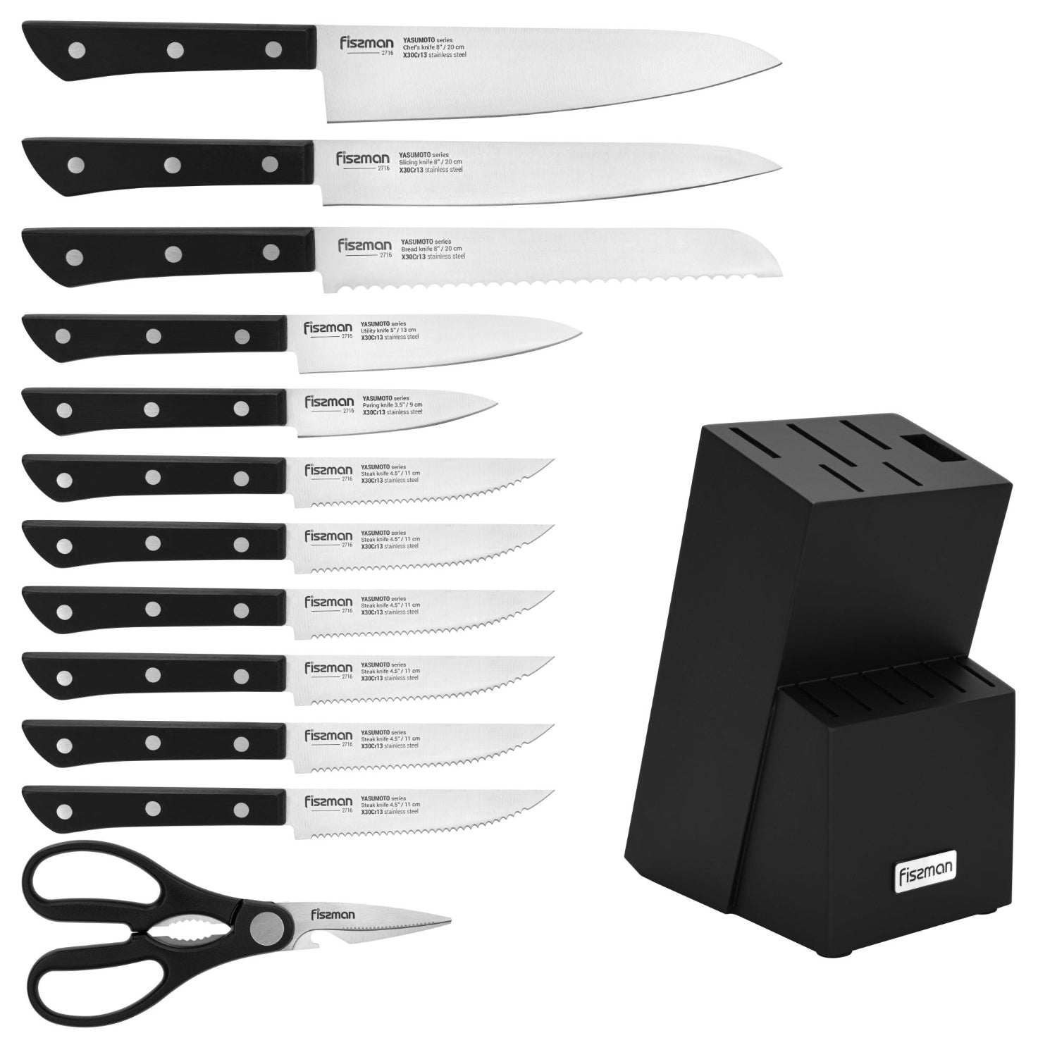 Fissman 13 Piece Knife Set Yasumoto with Wooden Block Chef Knife 20cm, Slicing Knife 20cm,Bread Knife 20cm,Utility Knife 13cm,Pairing Knife 9cm, Steak Knife,MultiFunctional Scissor 20cm
