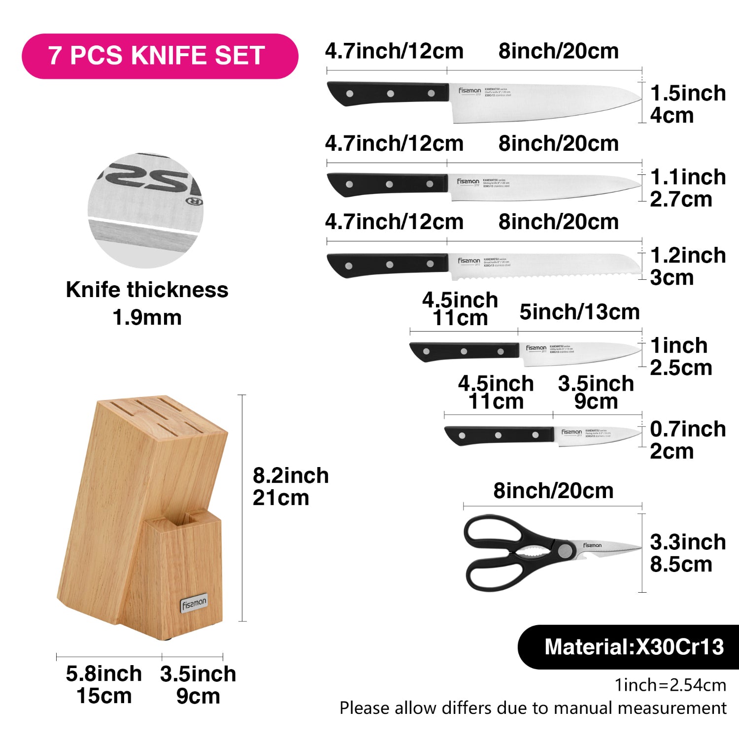 Fissman 7 Piece Knife Set Kanematsu with Wooden Block X30Cr13 Steel, Chef Knife 20cm, Slicing Knife 20cm,Bread Knife 20cm,Utility Knife 13cm,Pairing Knife 9cm,MultiFunctional Scissor 20cm
