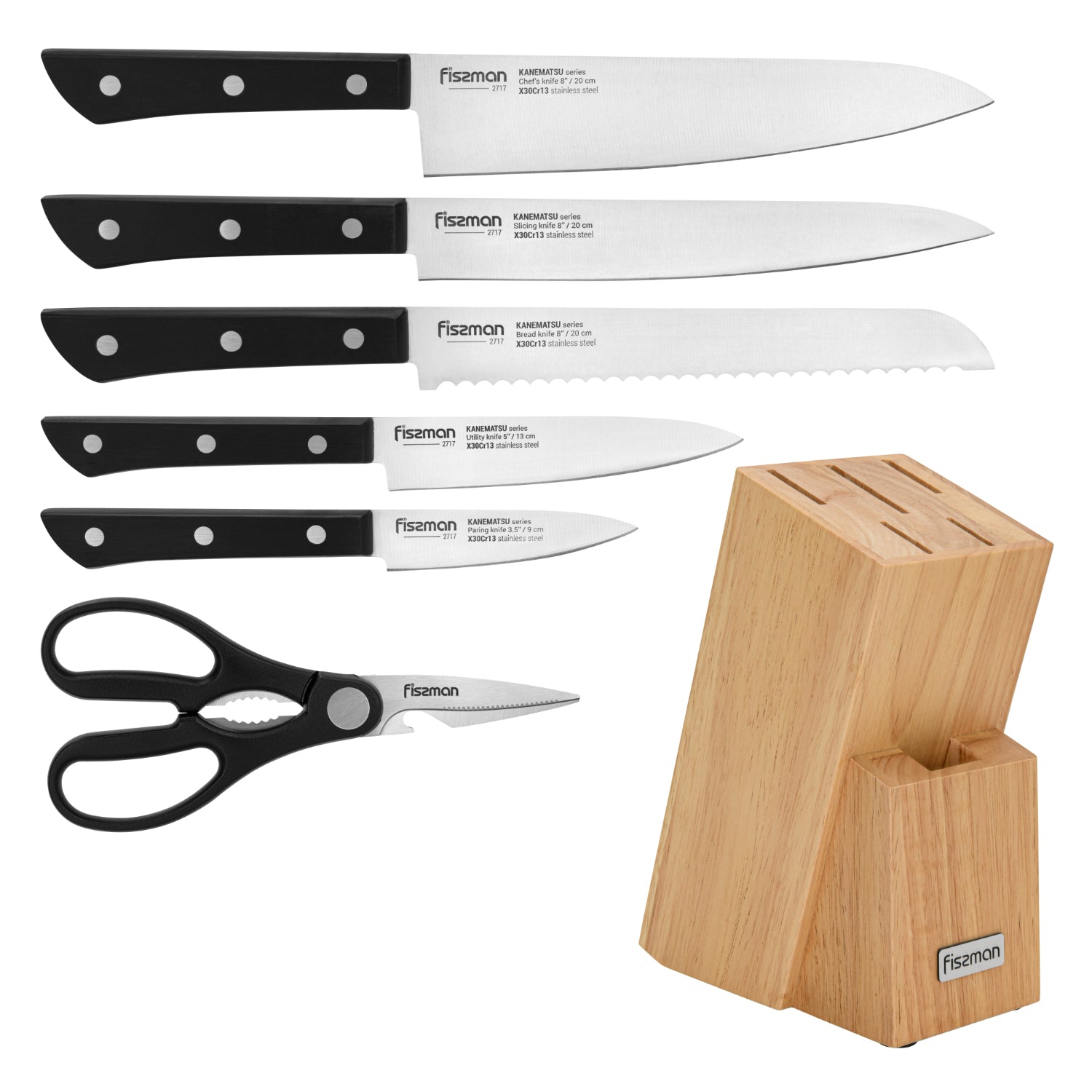 Fissman 7 Piece Knife Set Kanematsu with Wooden Block X30Cr13 Steel, Chef Knife 20cm, Slicing Knife 20cm,Bread Knife 20cm,Utility Knife 13cm,Pairing Knife 9cm,MultiFunctional Scissor 20cm