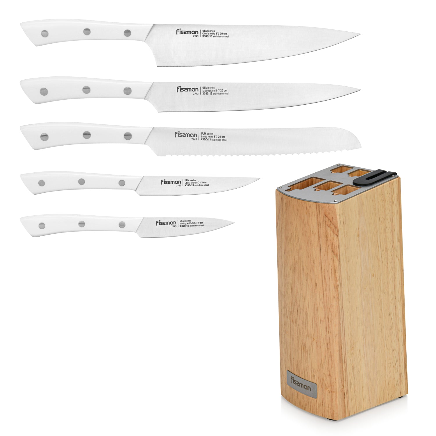 Fissman 6 Piece Knife Set ULM with Wooden Block with Buitl In Sharpener X30Cr13 Steel