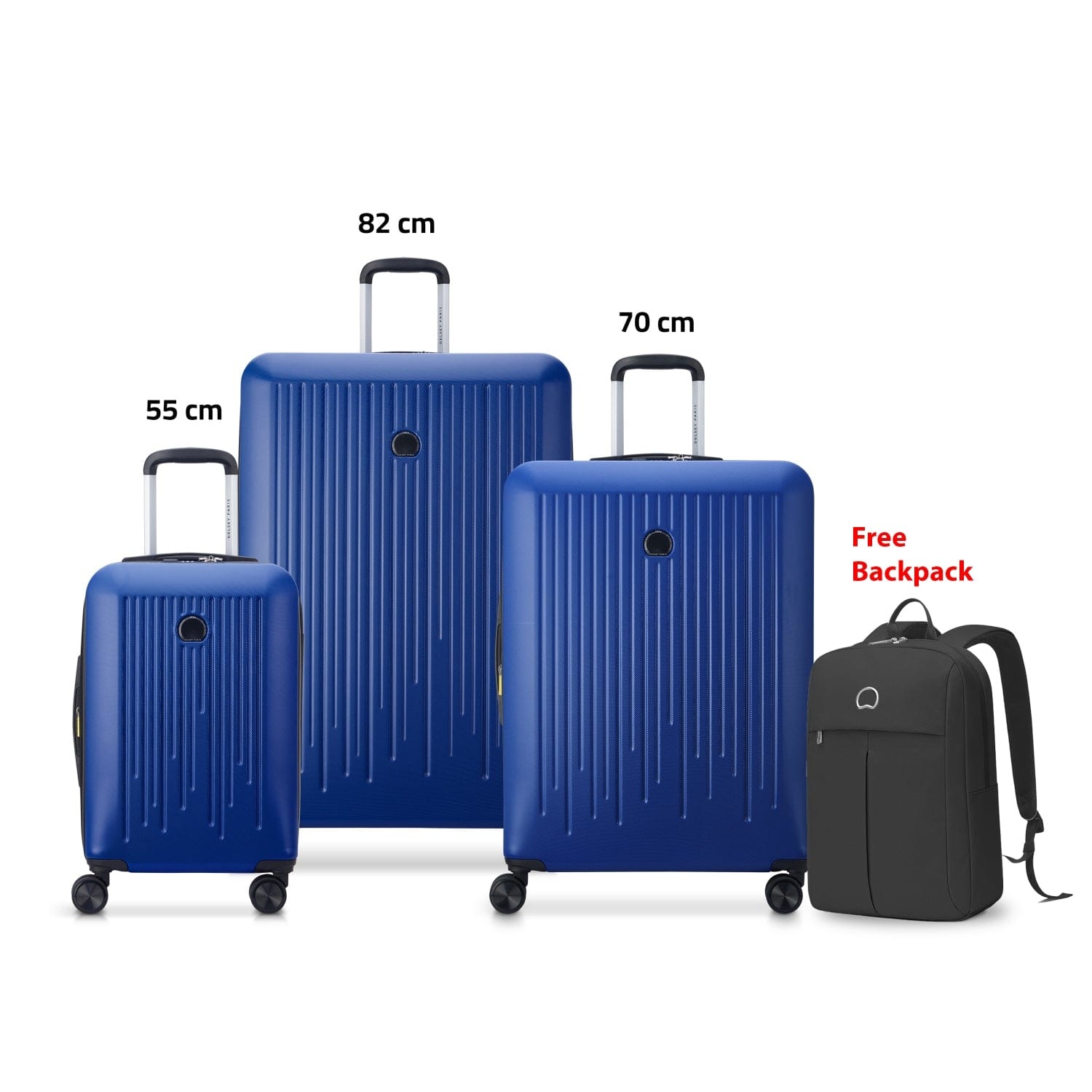 Delsey Christine 55+70+82cm Hardcase 4 Double Wheel Expandable Cabin & Check-In Luggage Trolley Set Klein Blue + FREE Delsey Agreable Backpack