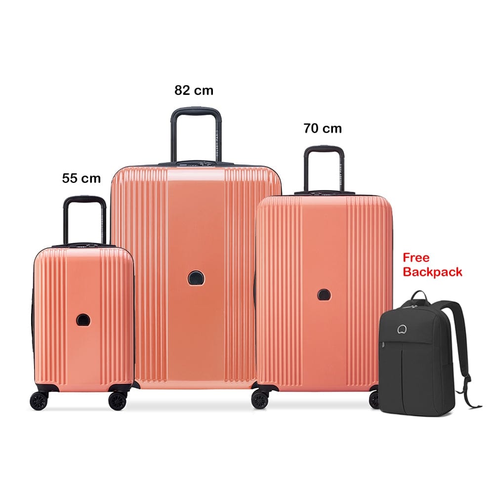 Delsey Ophelie 55+70+82cm Hardcase 4 Double Wheel Expandable Cabin & Check-In Luggage Trolley Set Glossy Pink + FREE Delsey Agreable Backpack