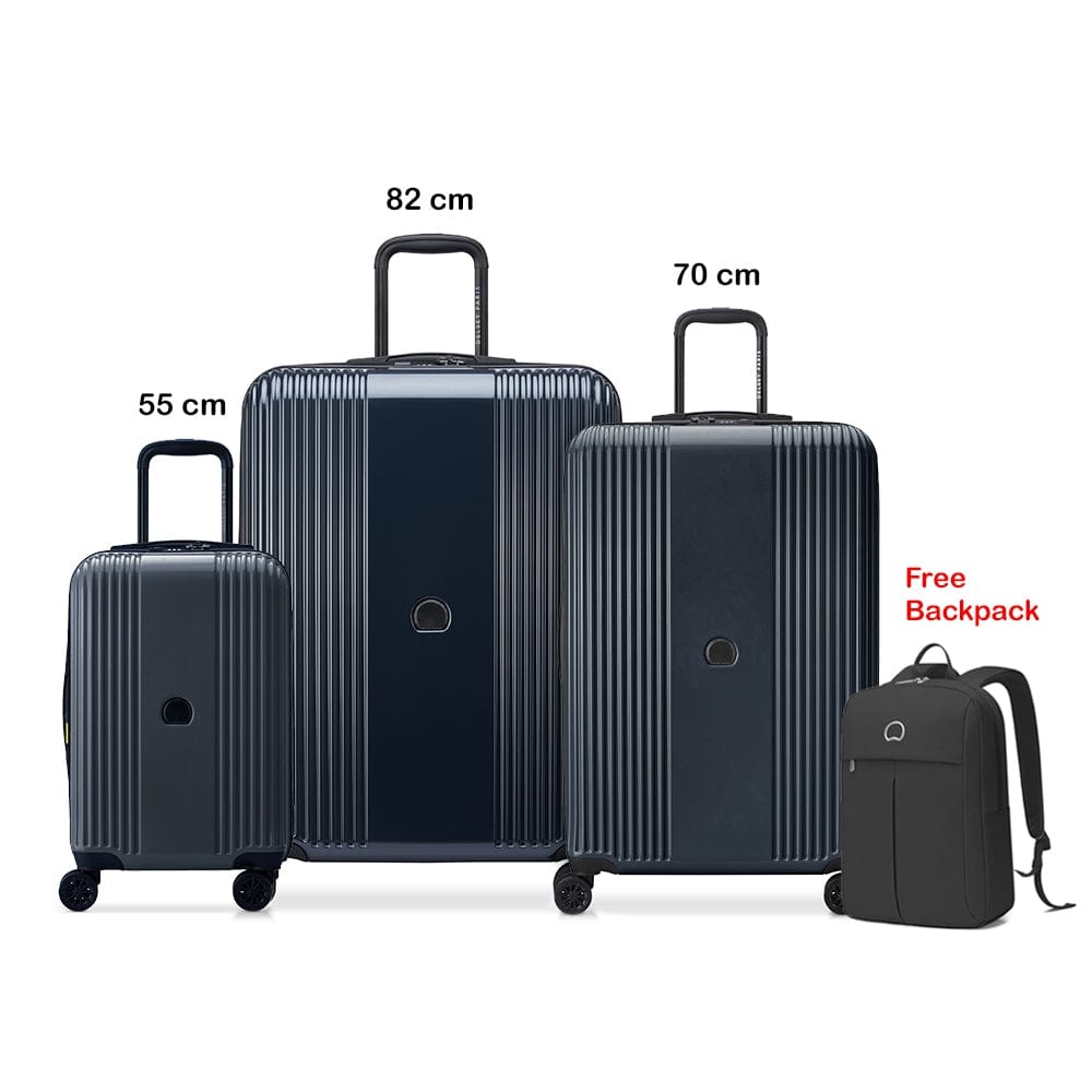 Delsey Ophelie 55+70+82cm Hardcase 4 Double Wheel Expandable Cabin & Check-In Luggage Trolley Set Ink Blue + FREE Delsey Agreable Backpack