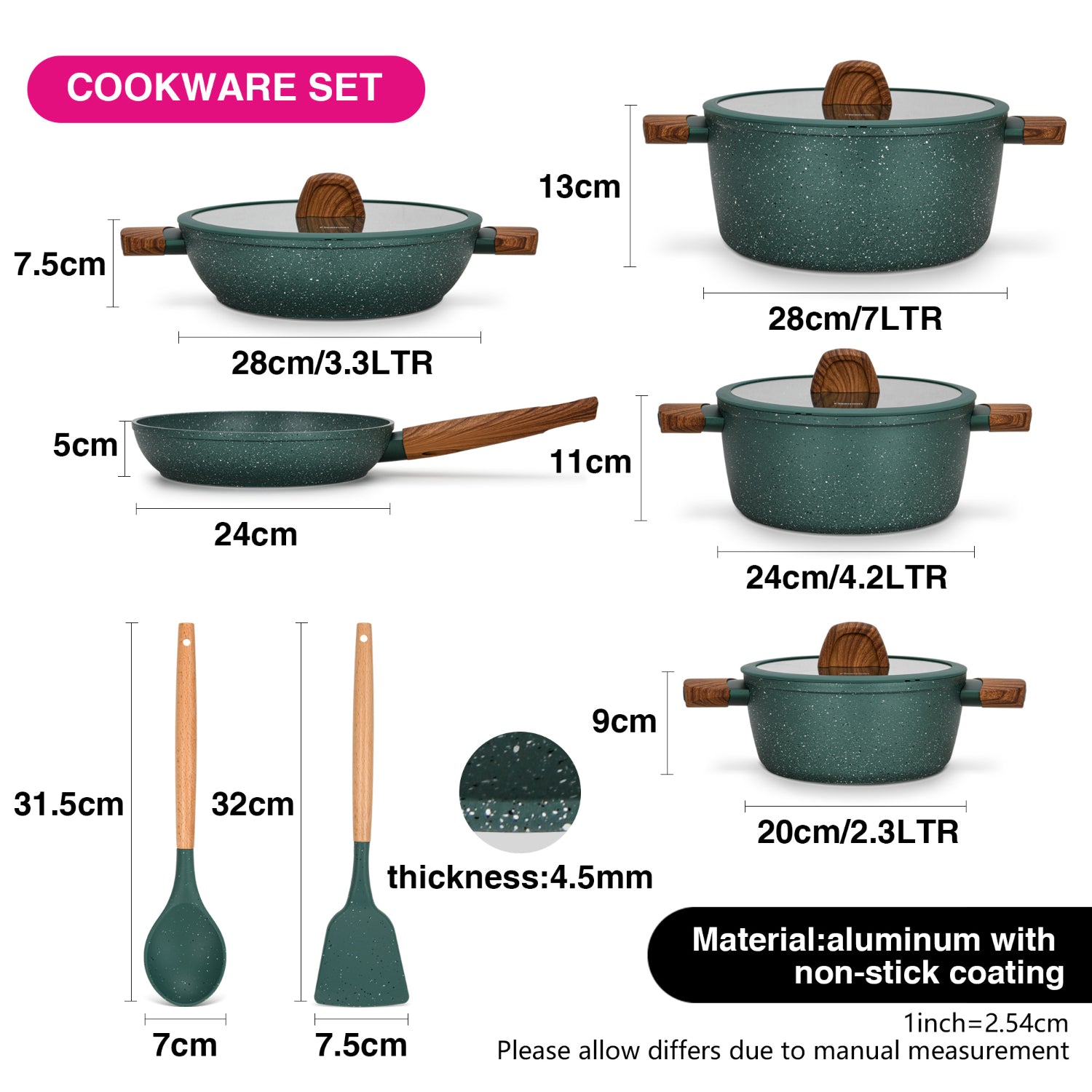 Fissman 11 Piece Cookware Set Falak Aluminium with Non Stick Coating Stockpot 20cm,24cm,28cm, Shallow Casserole 28cm, Frying Pan 24cm + Cooking Spoon And Turner