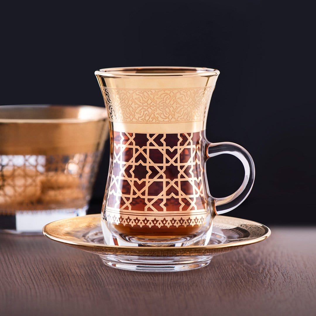 Dimlaj Cordoba Set of 6 Pcs Tea Istikanas and Saucers (Gold)