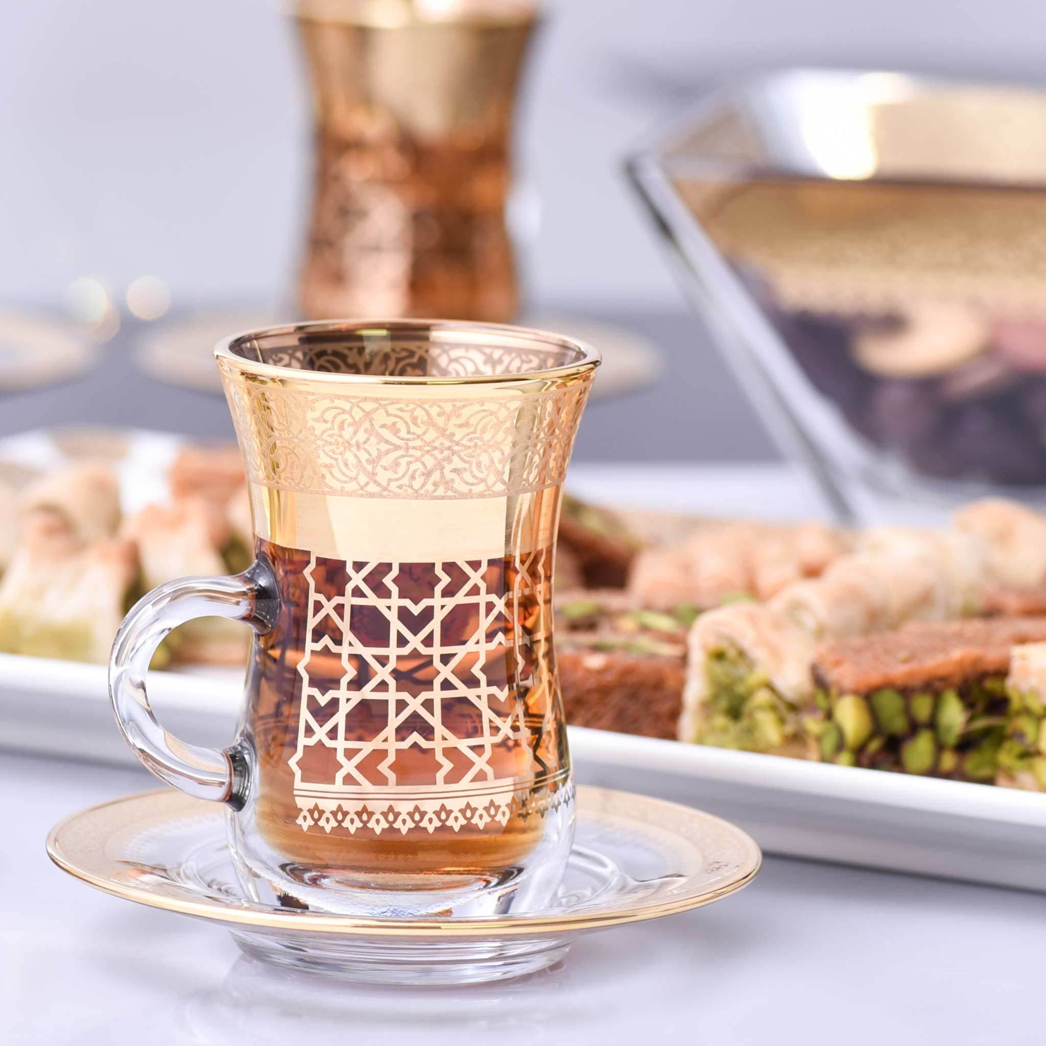 Dimlaj Cordoba Set of 6 Pcs Tea Istikanas and Saucers (Gold)
