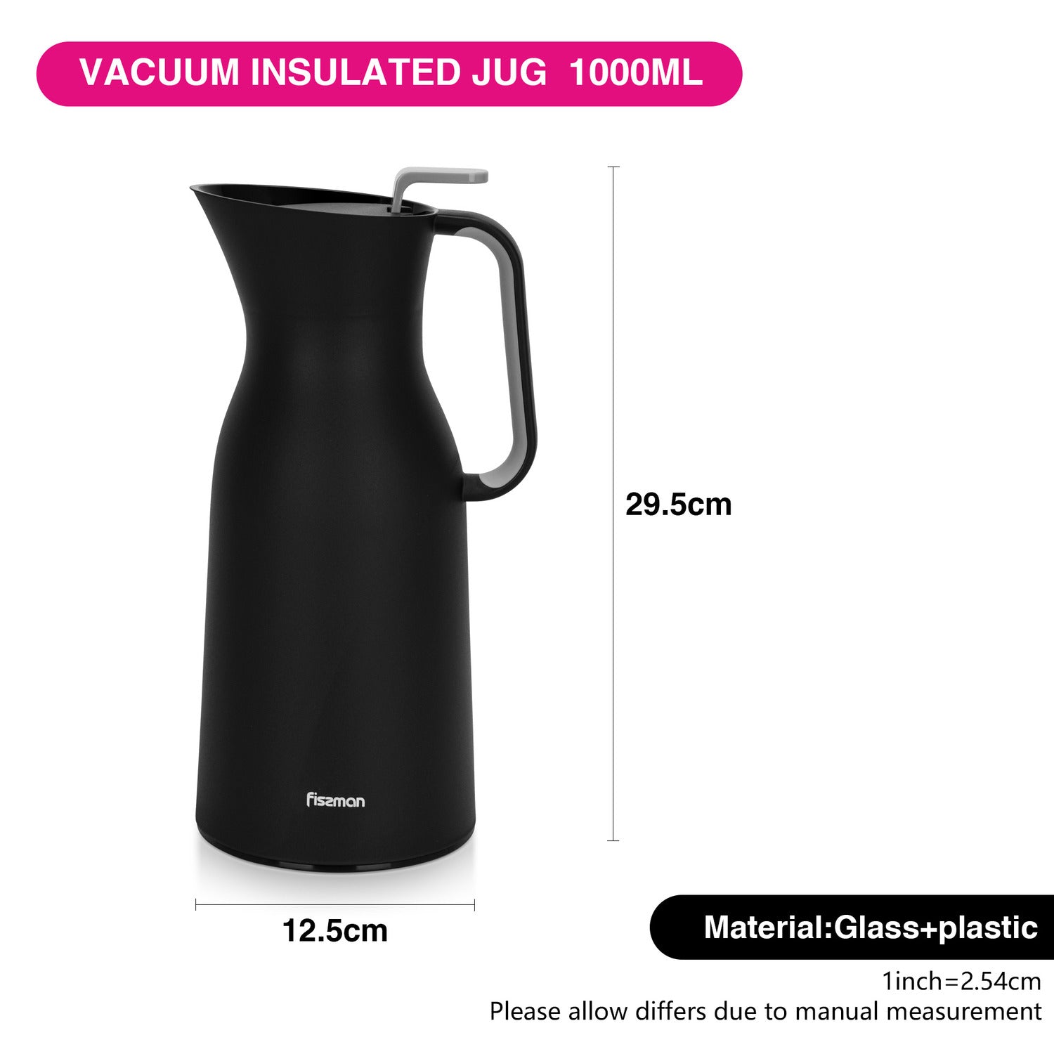Fissman Vacuum Insulated Flask 1000 Ml Black With Pink Glass Liner