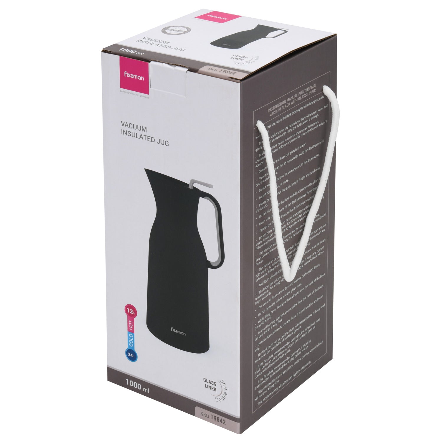 Fissman Vacuum Insulated Flask 1000 Ml Black With Pink Glass Liner