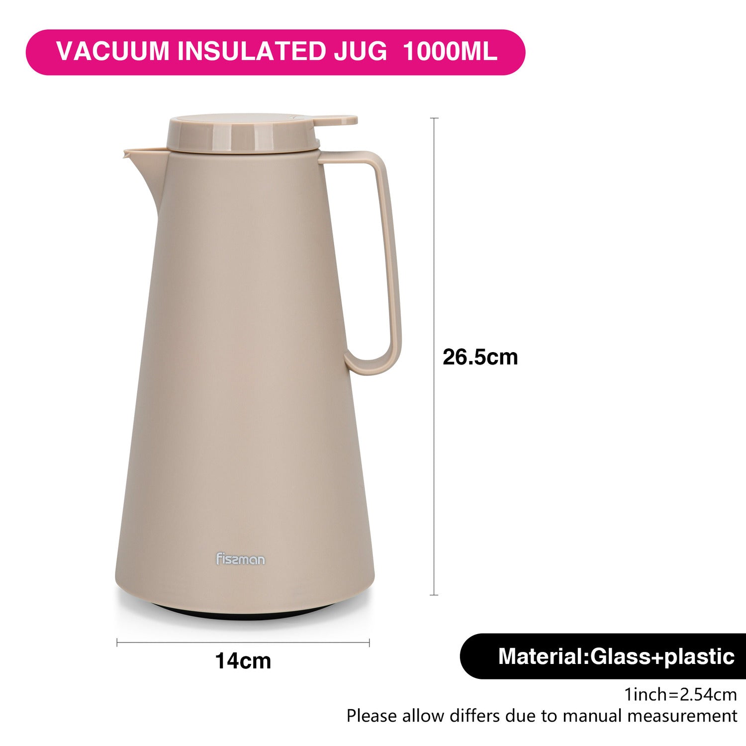 Fissman Vacuum Insulated Flask 1000 Ml Mocha Cream With Pink Glass Liner