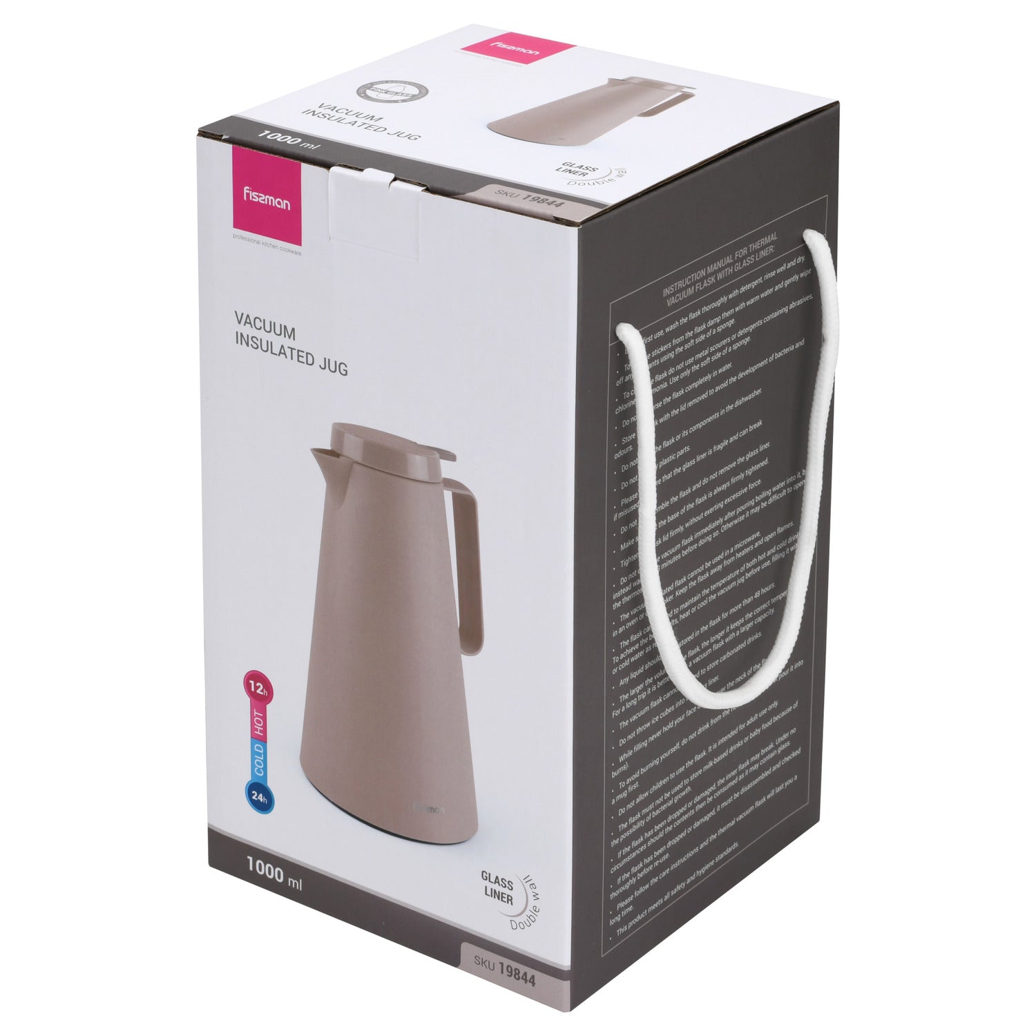 Fissman Vacuum Insulated Flask 1000 Ml Mocha Cream With Pink Glass Liner