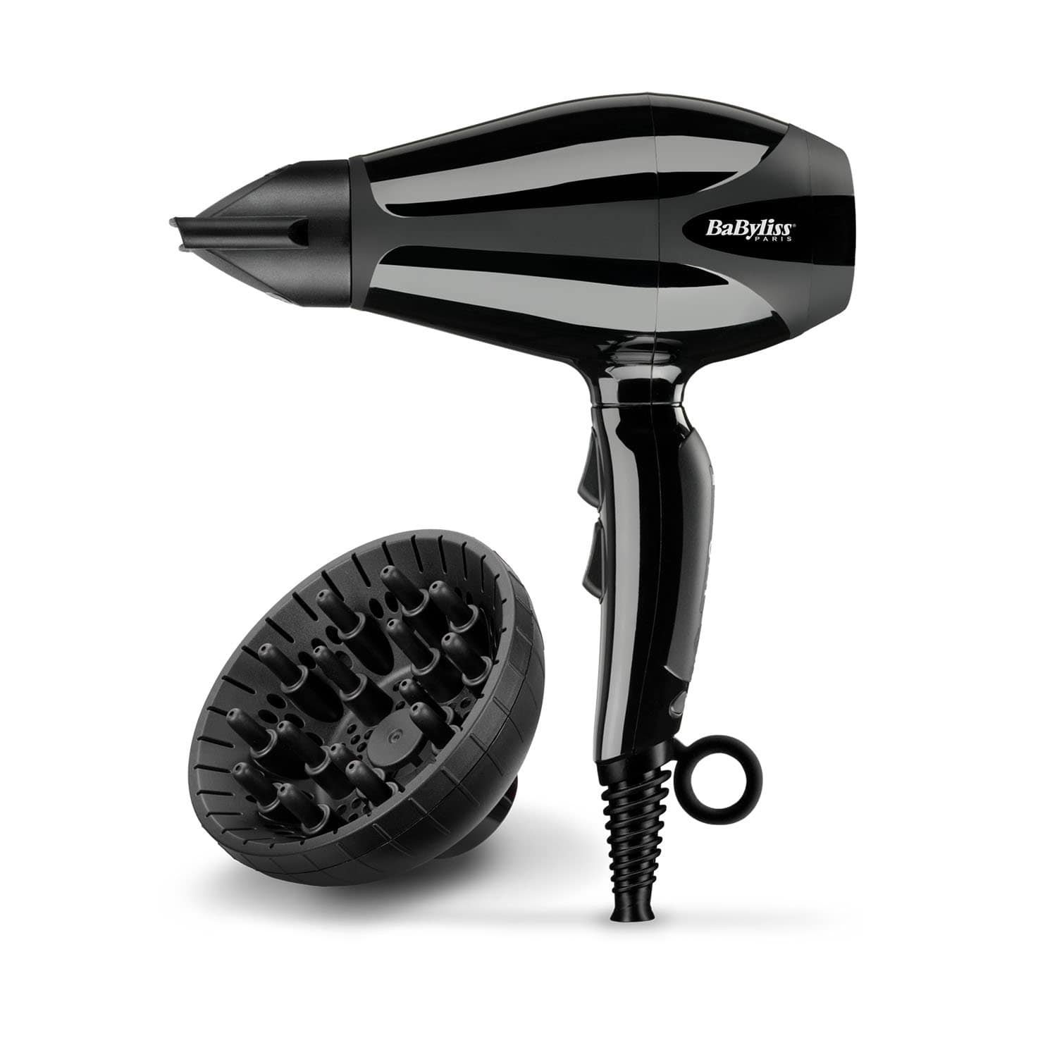 BABYLISS AC DRYER 2400W 2 NOZZLES  IONIC BLACK 124KM/H 2 HEAT 2 SPEED COLD SHOT FRIZZ CONTROL DIFFUSER - 6715DSDE