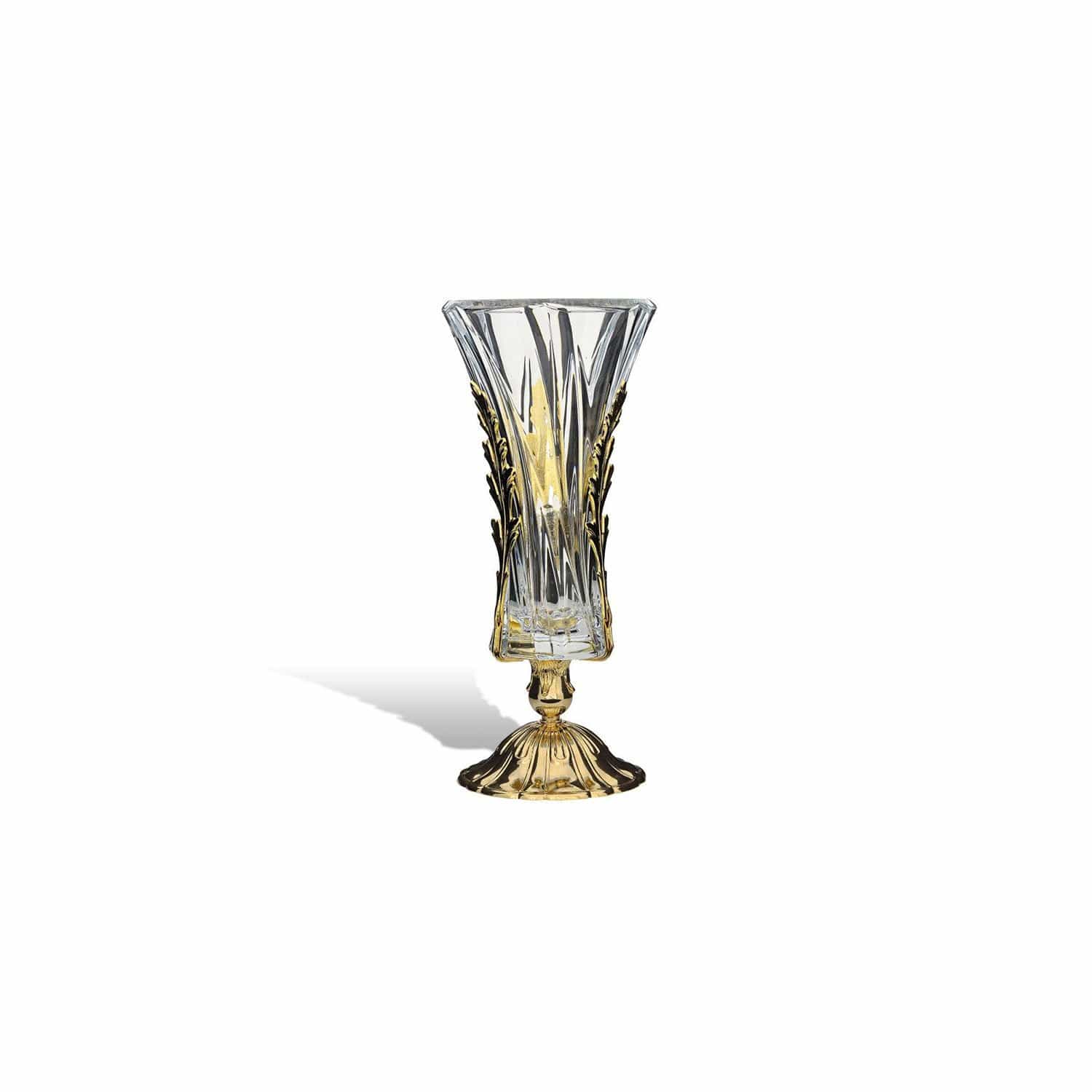 DUBAI VASE CLEAR GLASS GOLD METAL BASE WITH LEAVES - DC3203