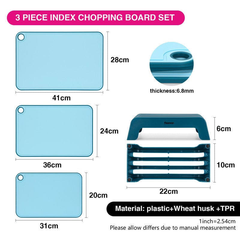 Fissman 3 Piece Chopping Boards 41X28 Cm. 36X24 Cm. 31X20 Cm With Holder Blue Plastic+ Tpr