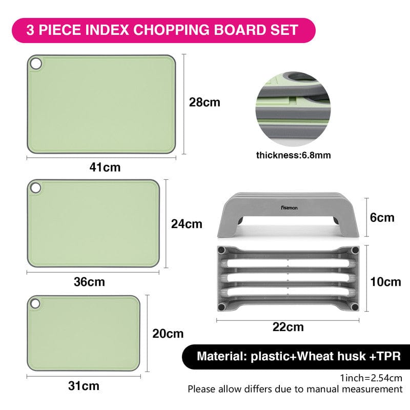 Fissman 3 Piece Chopping Boards 41X28 Cm. 36X24 Cm. 31X20 Cm With Holder Green Plastic+ Tpr