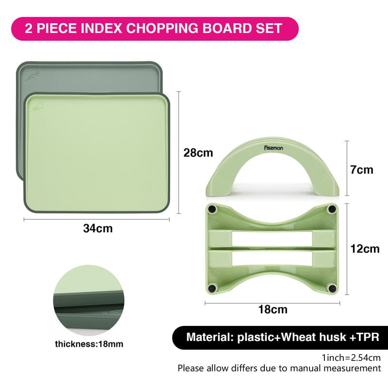 Fissman 2 Piece Index Chopping Boards 34X28 Cm With Holder Green Plastic+ Tpr