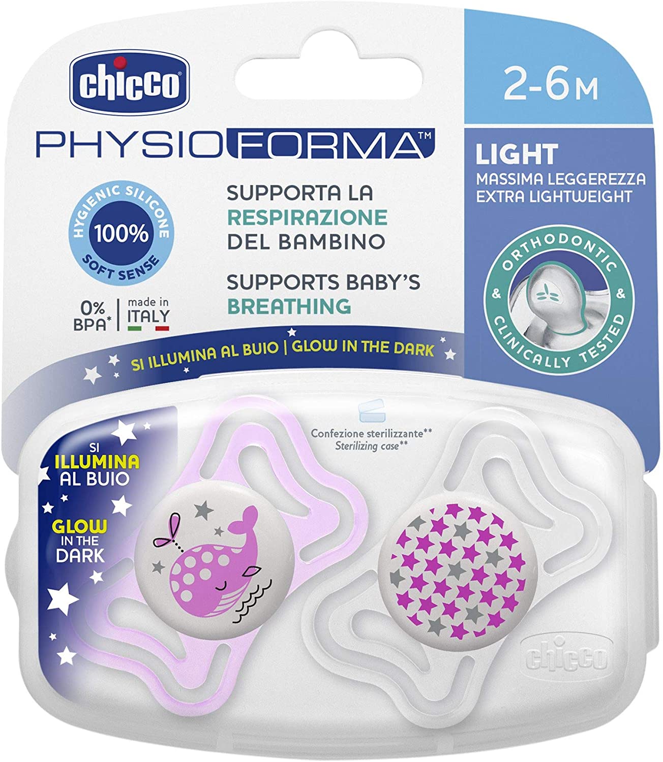 Chicco Physioforma Light Silicone Baby Pacifier 6-16m 2 pcs, Lumi Night