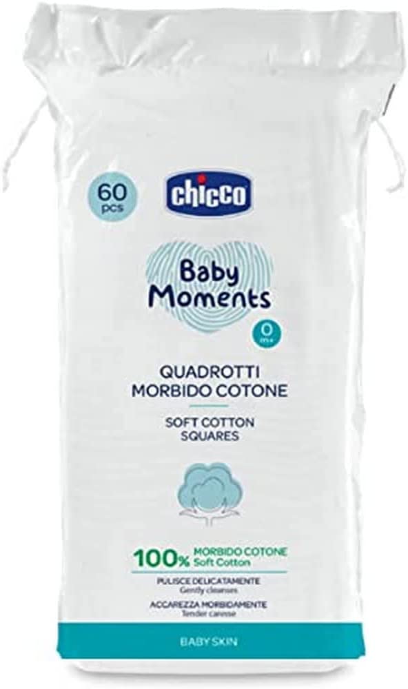 Chicco Baby Moments Soft Cotton Squares For Baby Skin 0M+ 60Pcs, Multicolor